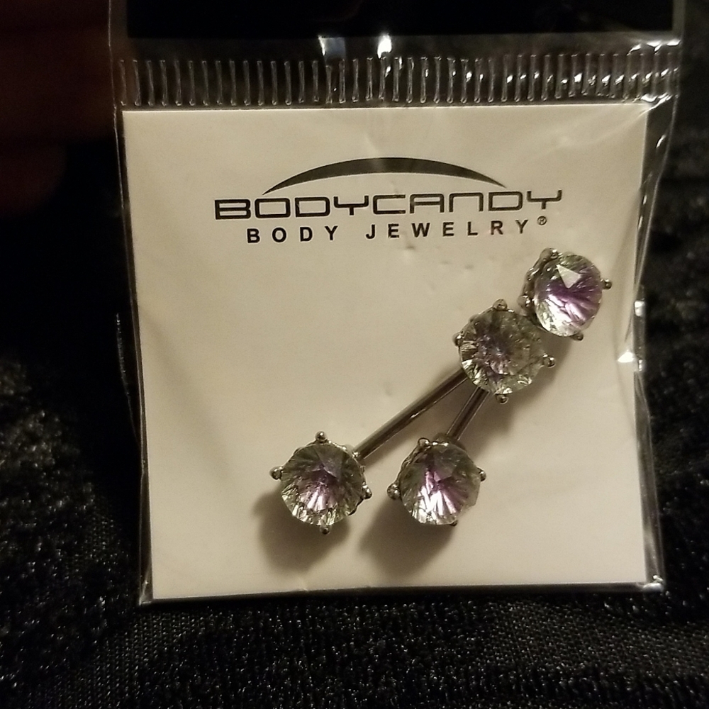 BodyCandy Nipple Barbell Rings, Pink Gems, 14 gauge 9/16, Surgical Steel